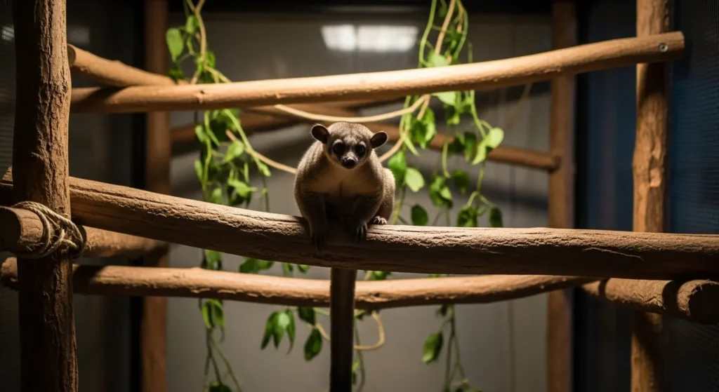 Kinkajou enclosure with branches and dim lights