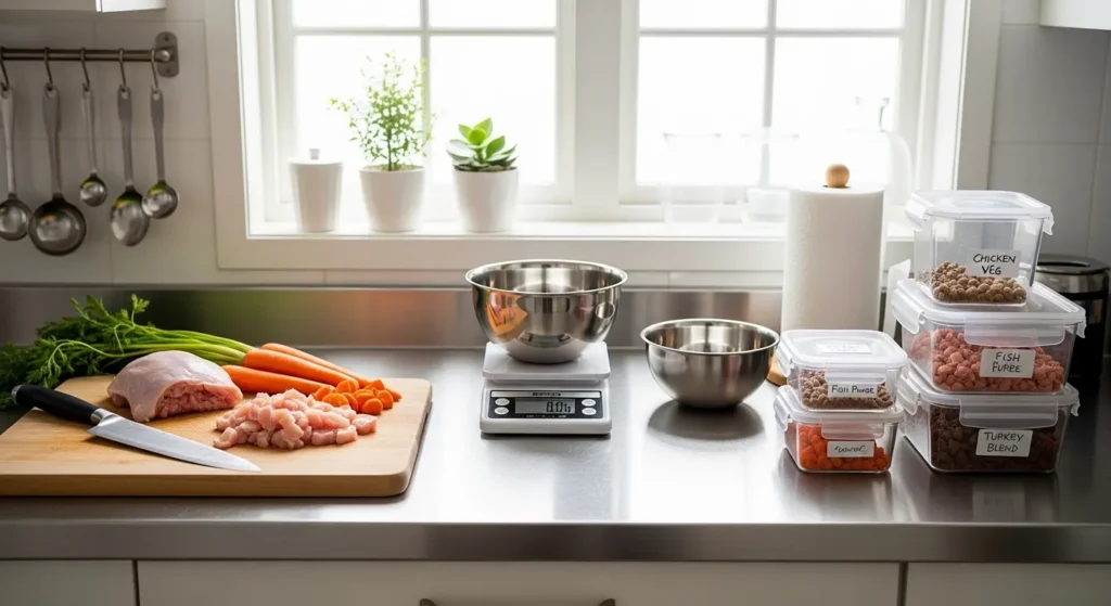 Essential kitchen equipment and tools for making homemade cat food safely