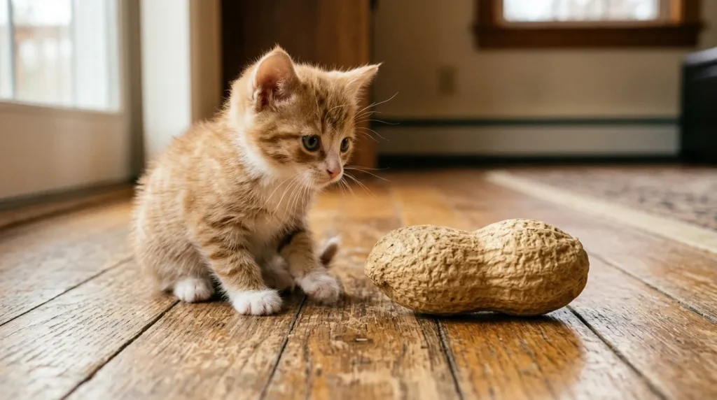 Small kitten next to a peanut, illustrating the size and risk difference