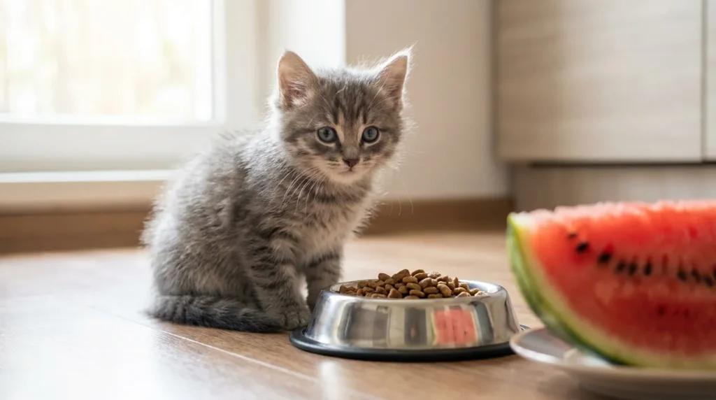 Grey kitten near a bowl of cat food with watermelon placed to the side