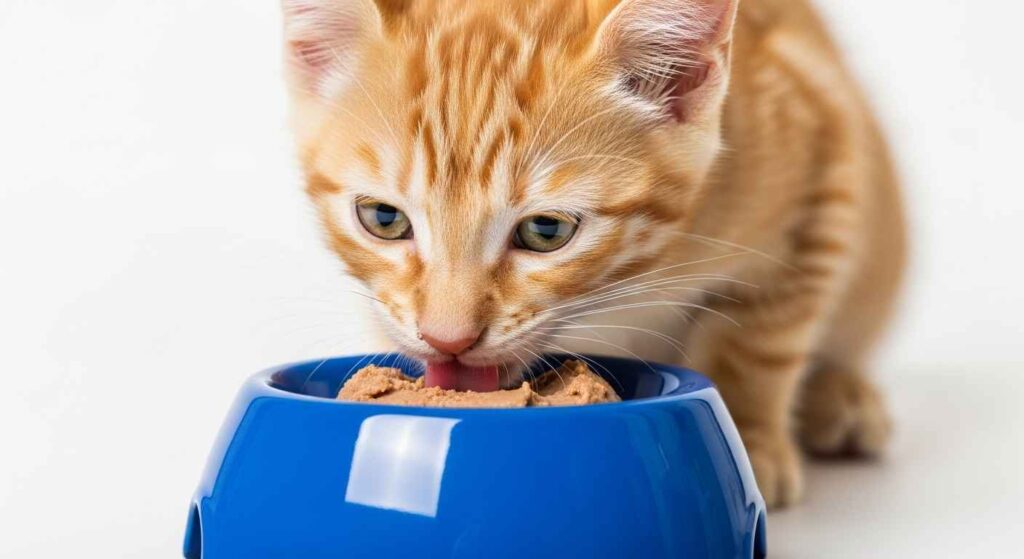 Kitten eating wet cat food from bowl.