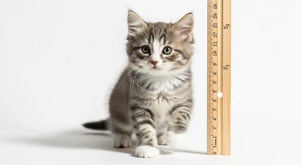 Small gray kitten standing beside a measuring ruler showing height.