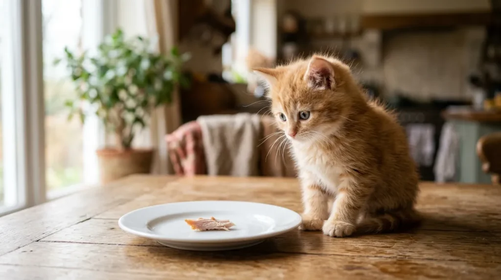 Small kitten looking at a piece of cooked turkey on a plate
