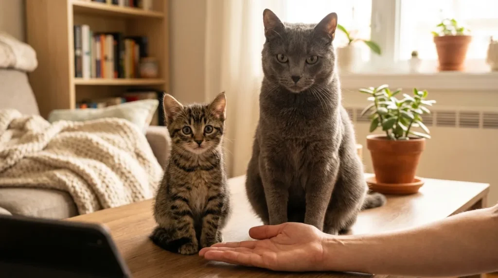 Kitten and adult cat both in a training sit position next to a human hand