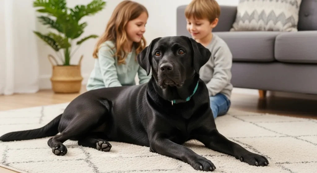 Black Labrador Retriever lying on a rug with kids nearby.