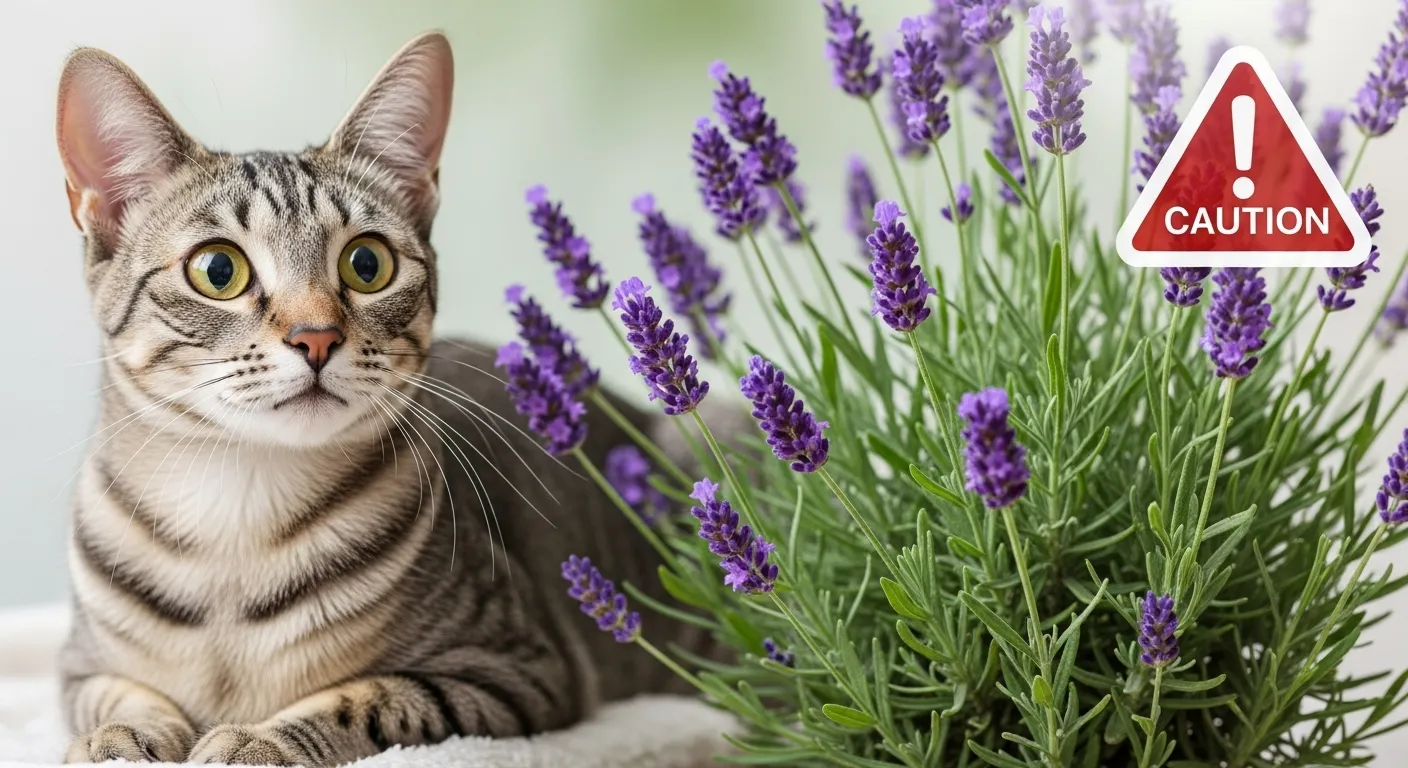 Cat sitting beside a lavender plant with a caution symbol.