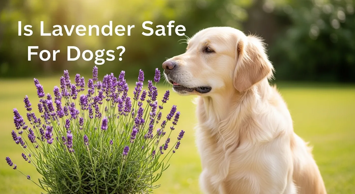 Golden retriever near lavender plant