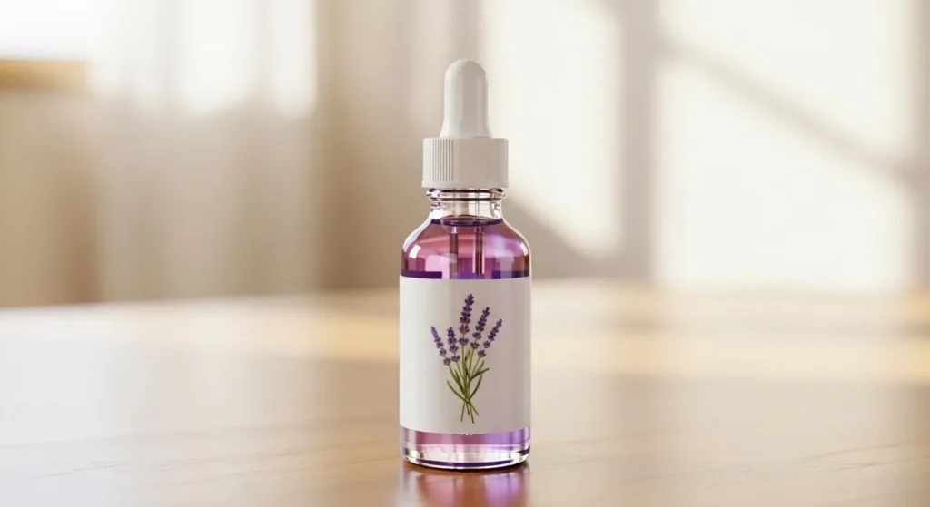 Small glass bottle of lavender essential oil on a wooden table.