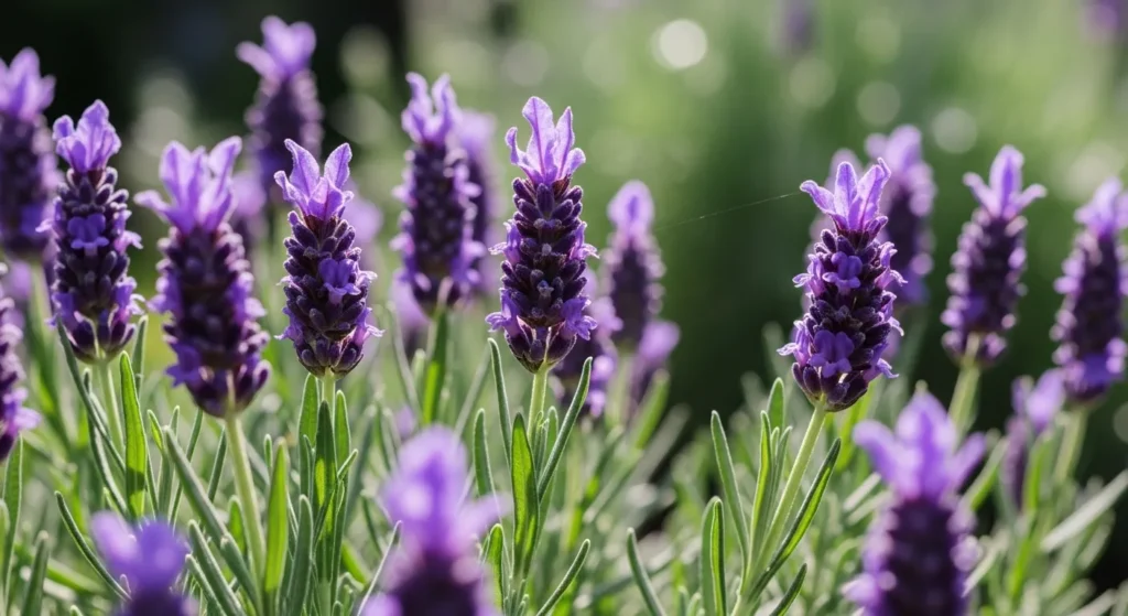 Purple lavender plant in a garden setting.