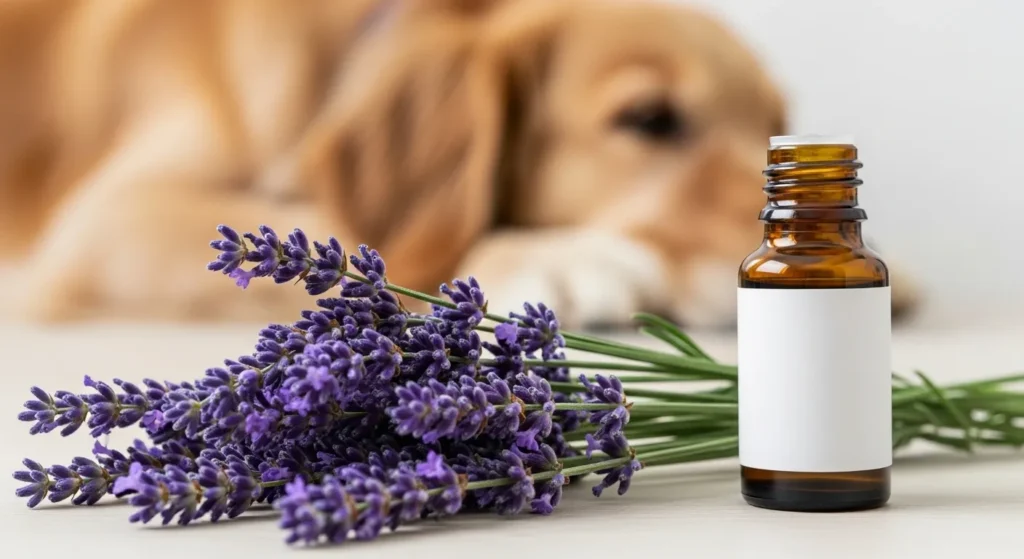 Lavender plant stems next to an essential oil bottle showing the difference in risk for dogs