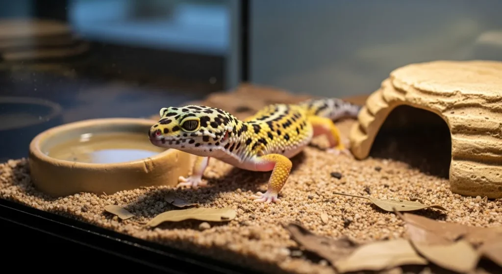 Leopard gecko on substrate in terrarium