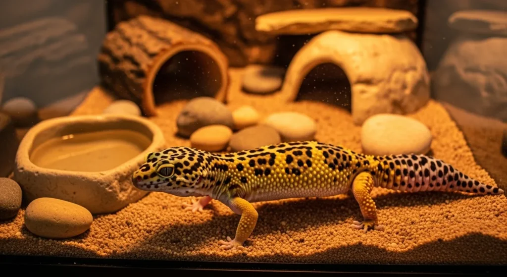 Leopard gecko with colorful spots in a pet enclosure.