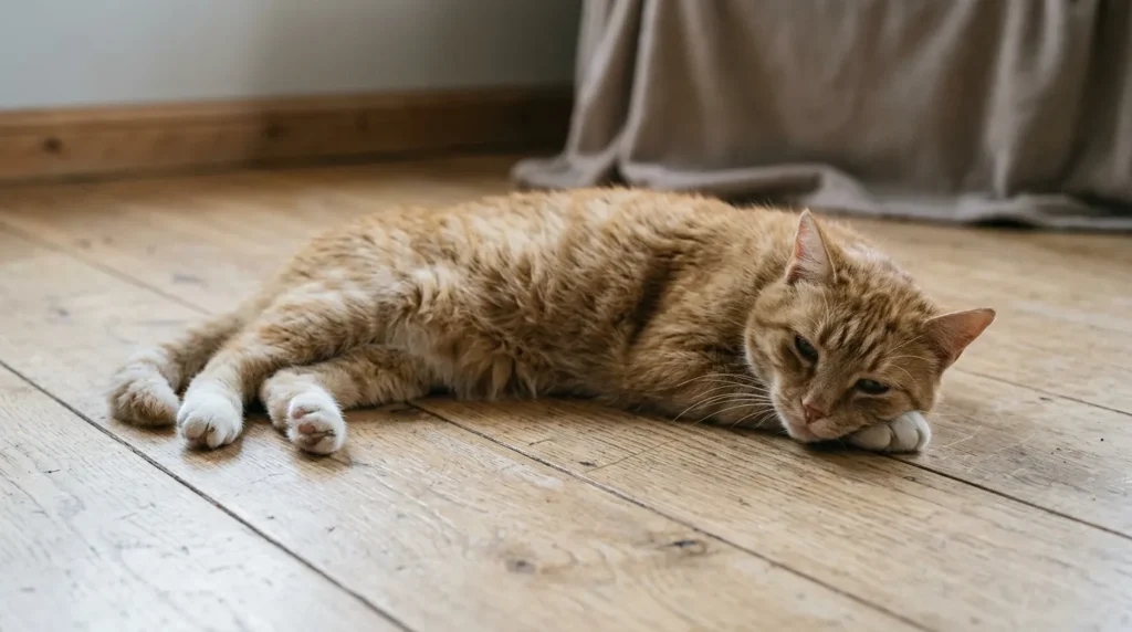 Lethargic cat lying on floor showing signs of grape poisoning