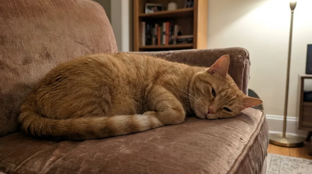 Lethargic cat lying on couch showing signs of illness and not eating