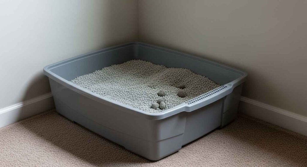 Clean litter box in quiet corner.