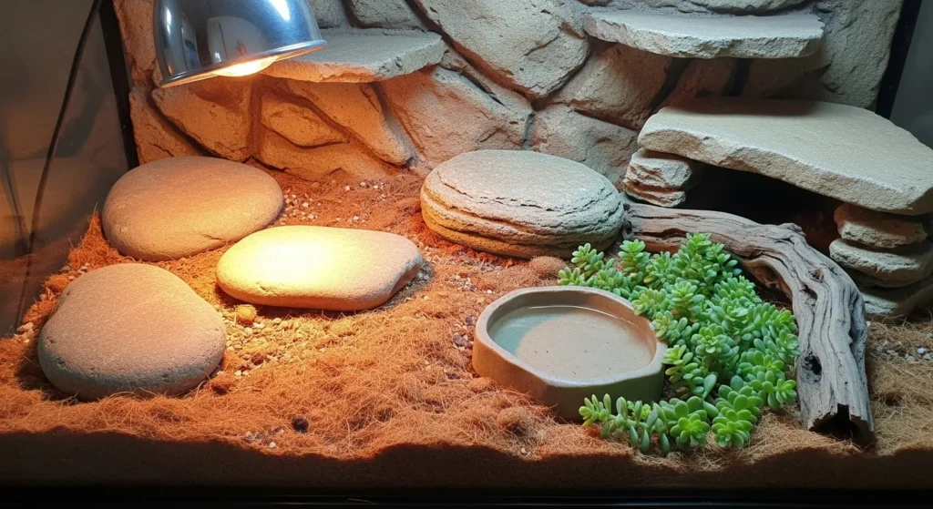 Lizard enclosure with heat lamp and natural substrate for pet care.