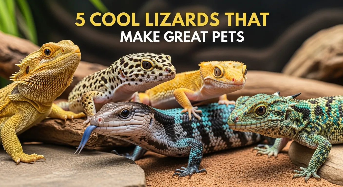 Five colorful lizards in a pet tank for blog thumbnail.