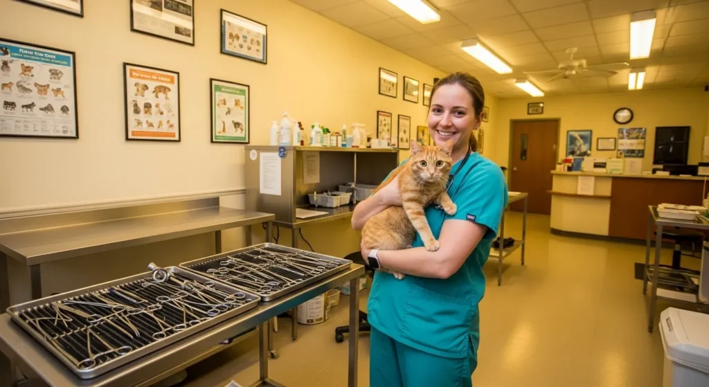 Vet technician holding a cat in a clean low-cost spay clinic