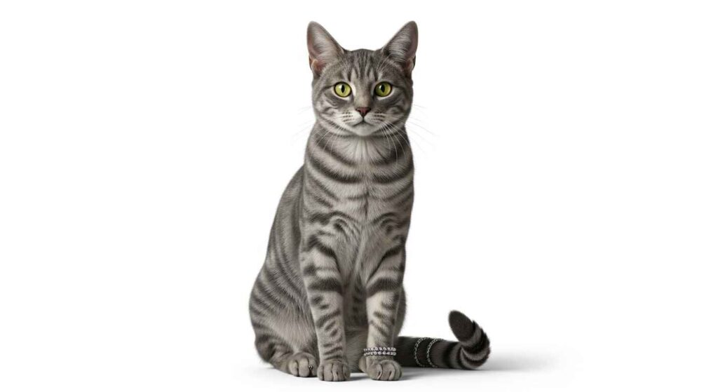 Close-up of mackerel tabby cat showing thin vertical stripes.