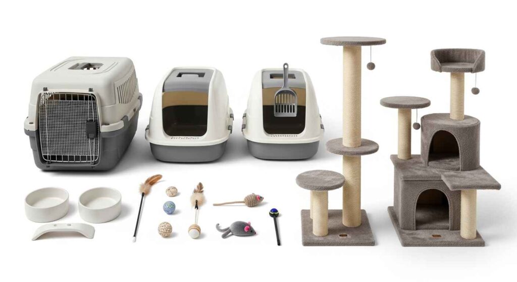 Collection of Maine Coon cat supplies including carrier, litter box, food bowls, and toys