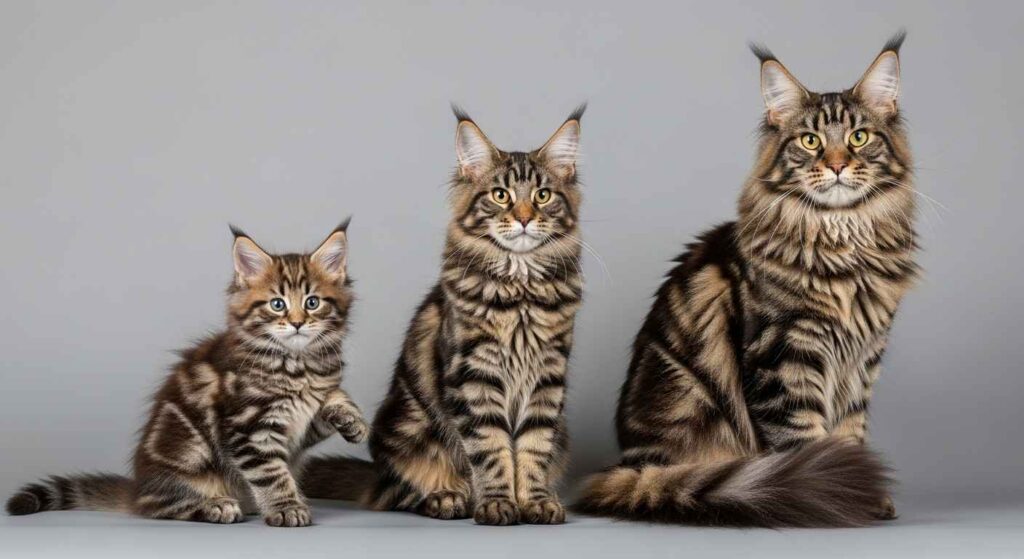Maine Coon kitten, adolescent, and adult cat arranged by size to show growth progression