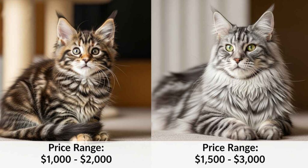 Side-by-side comparison of Maine Coon kitten and adult cat with price tags