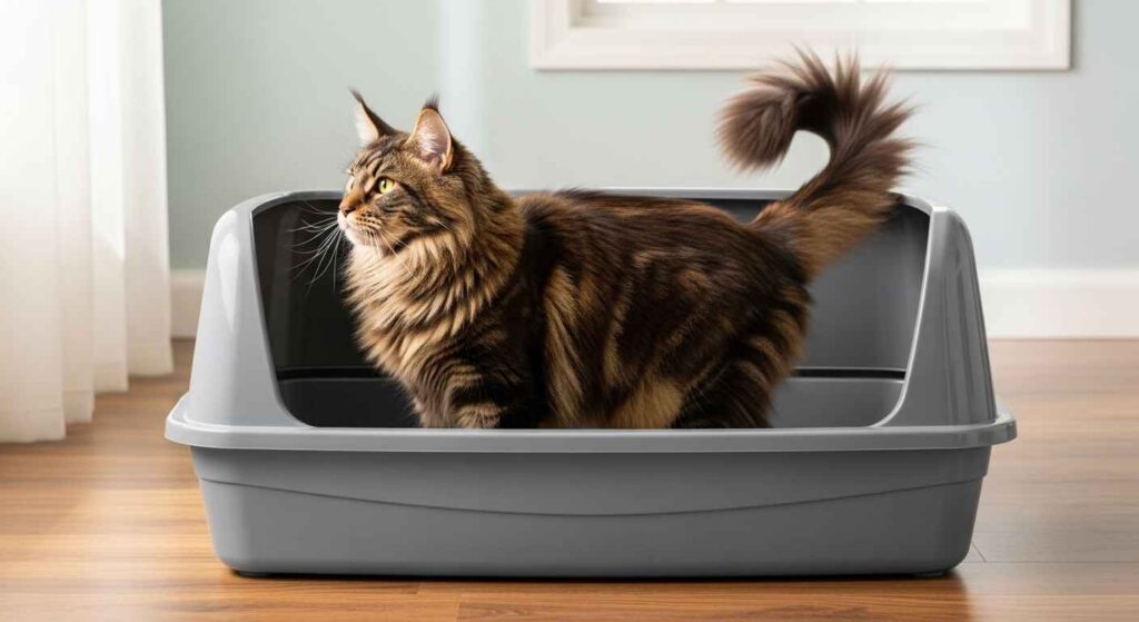 Large Maine Coon cat standing in oversized litter box showing proper sizing