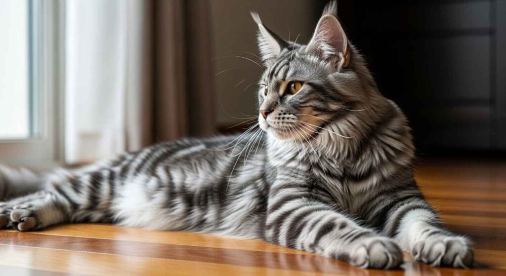 Maine Coon cat lying stretched out horizontally demonstrating full body length
