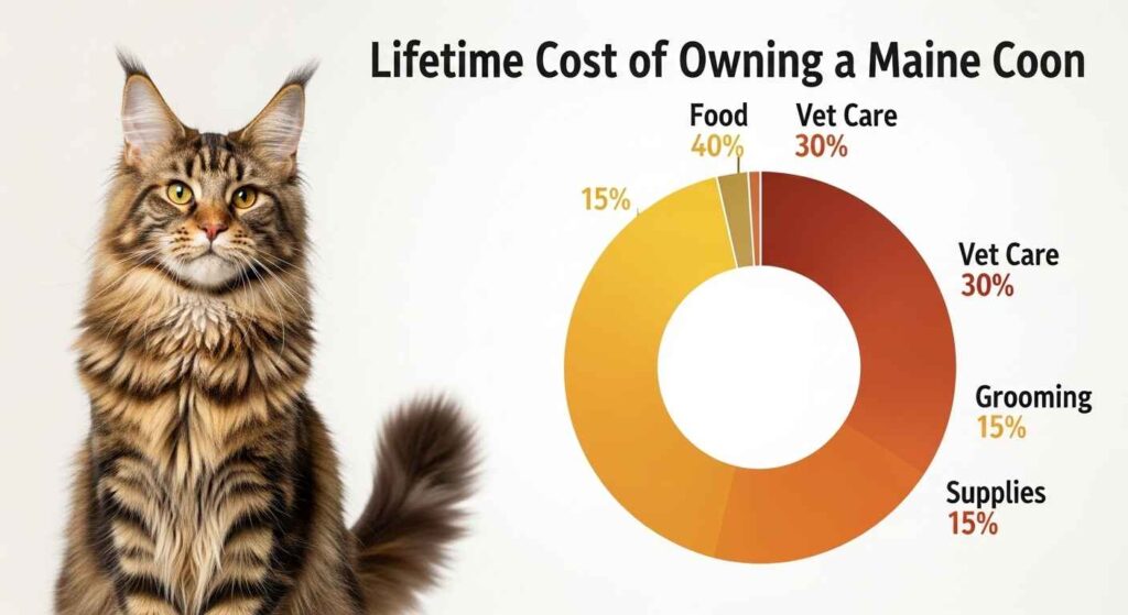 Maine Coon cat with calculator and money symbols showing lifetime costs