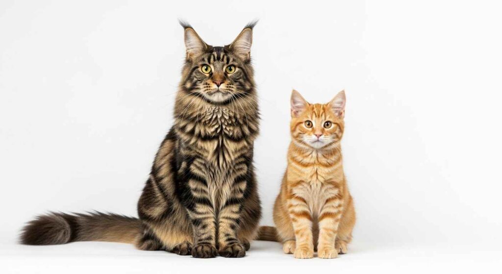 Large Maine Coon cat sitting beside smaller domestic shorthair cat for size comparison