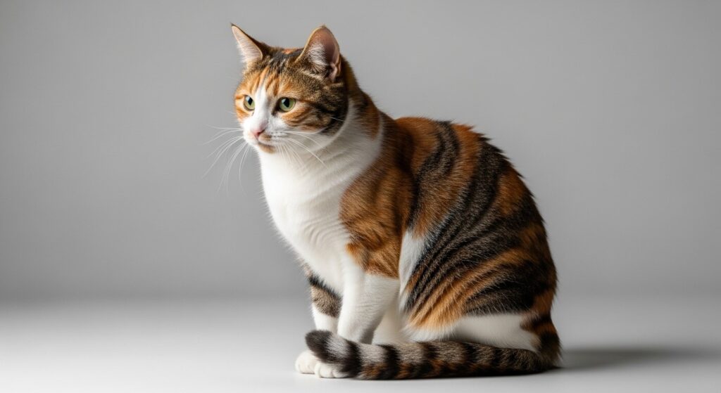 Rare male calico cat showing orange, black, and white patches.