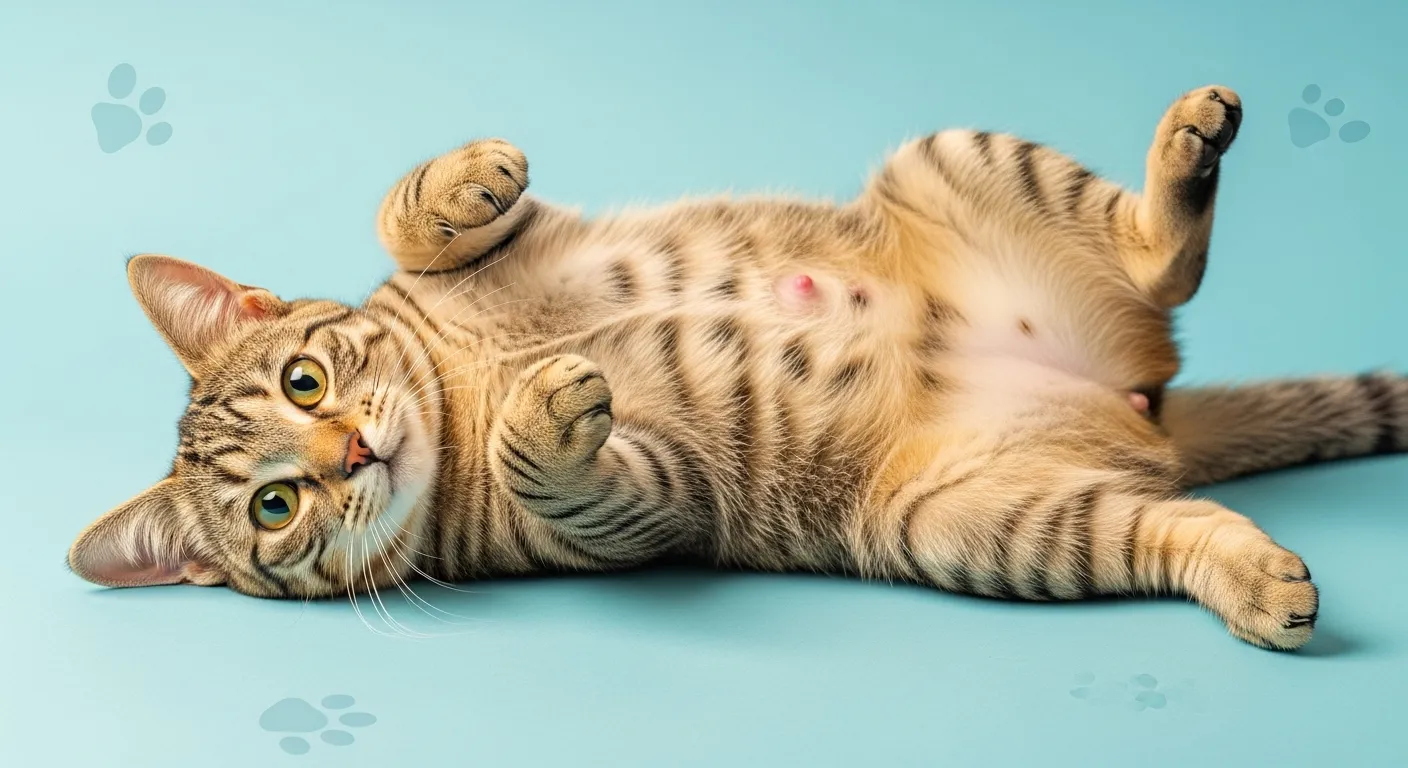 Male tabby cat on back showing nipples for blog thumbnail.