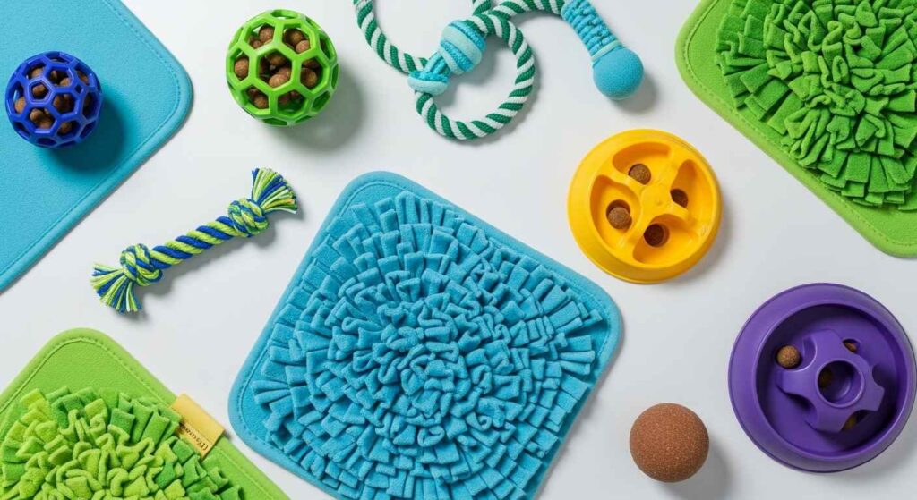 Collection of dog puzzle toys and mental stimulation games