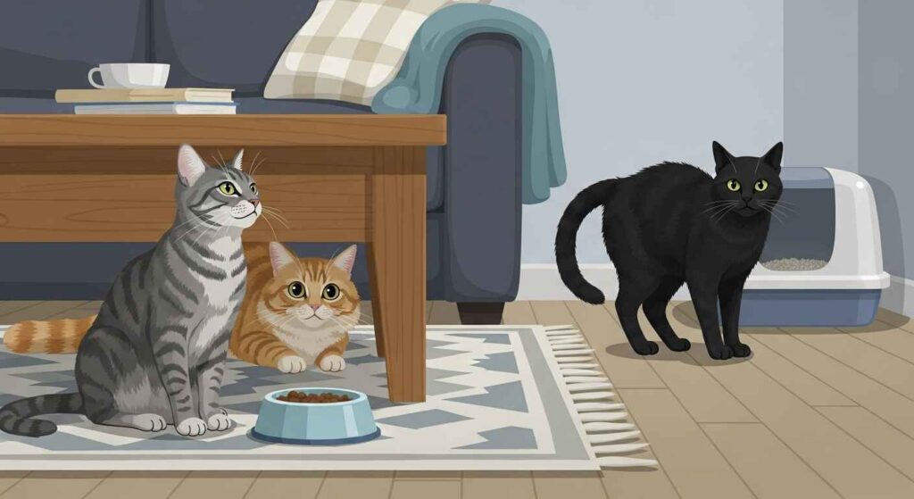 Three cats in different areas of a room showing signs of territorial behavior