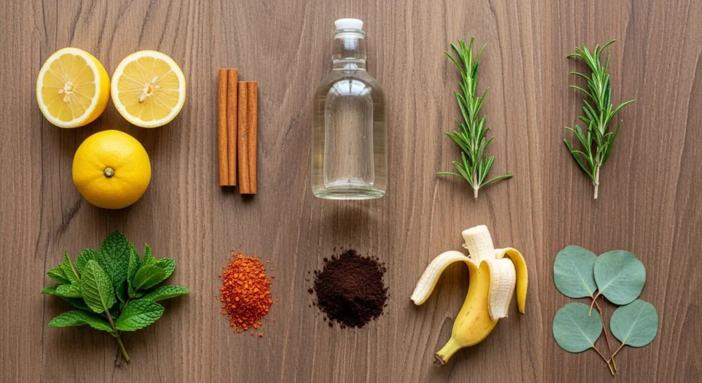 Flat lay of natural cat deterrents including citrus, cinnamon, vinegar, and rosemary