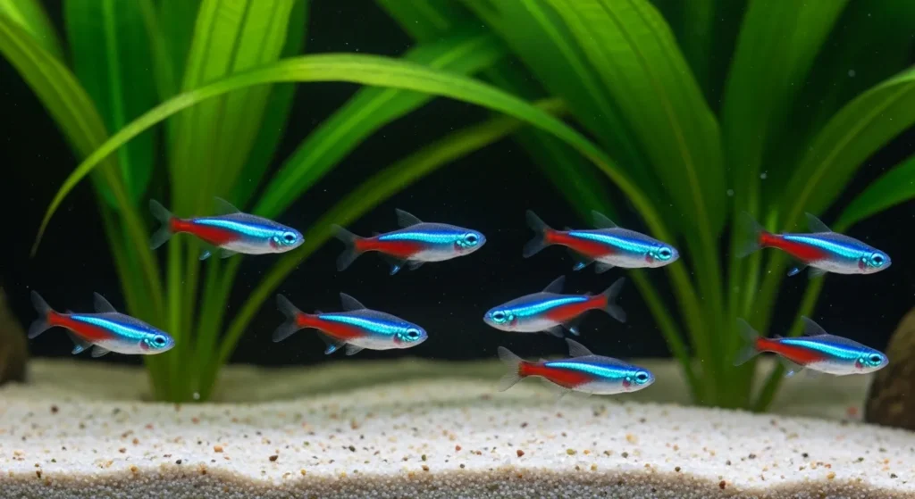 School of neon tetras in planted aquarium
