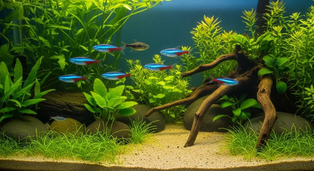 School of neon tetras in a beginner tropical tank