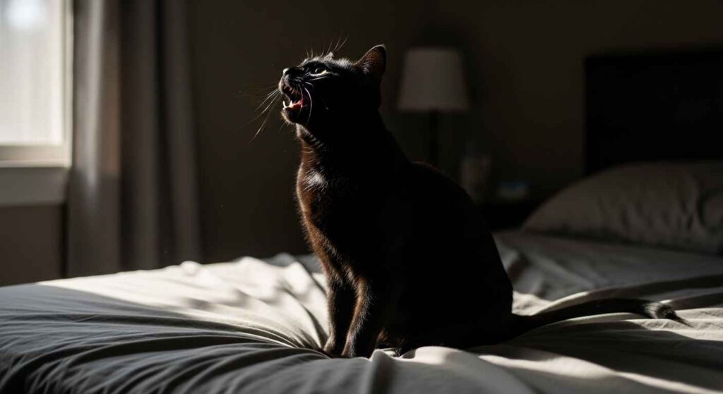 Cat vocalizing at night on bed