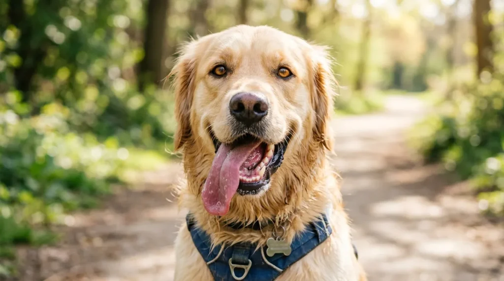 Dog panting normally after exercise outdoors