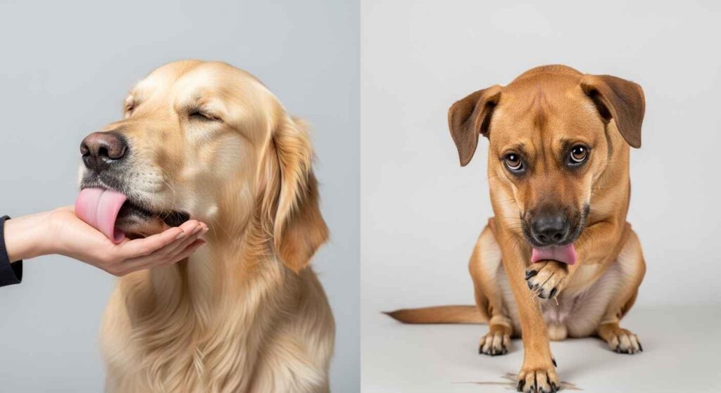 Comparison showing happy dog giving gentle licks versus anxious dog licking excessively