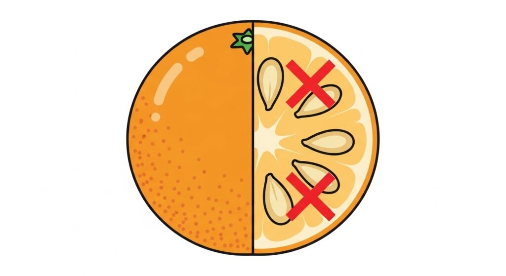 Warning illustration of orange peel and seeds crossed out.