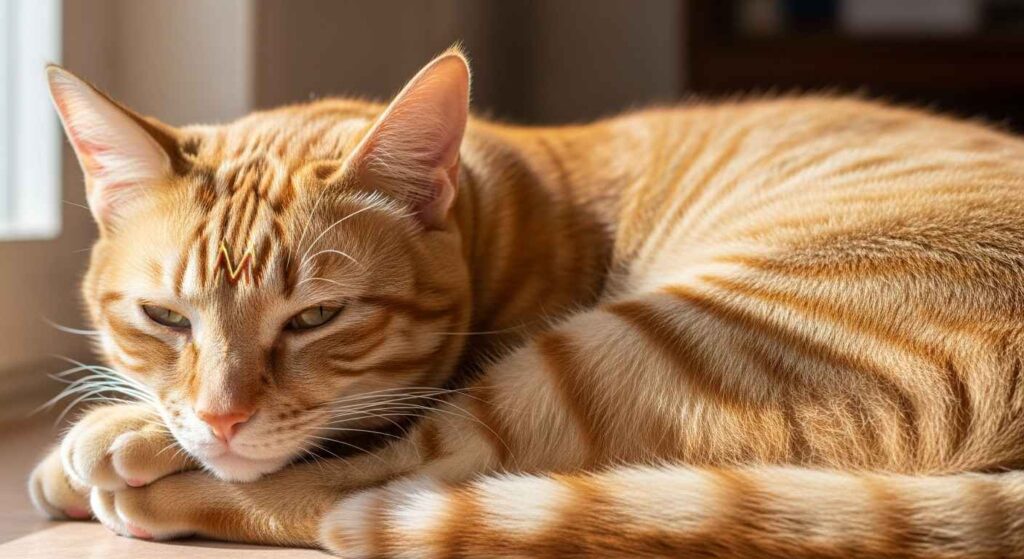 Orange tabby cat with bold stripes and M on forehead.