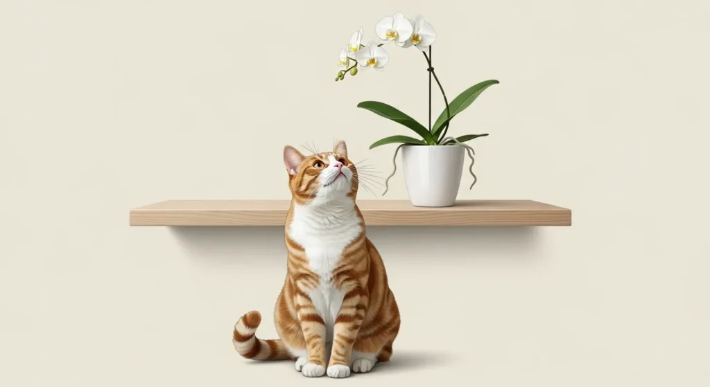high shelf with orchid plant away from cat