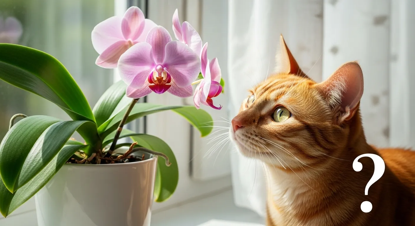thumbnail of cat near pink orchid plant