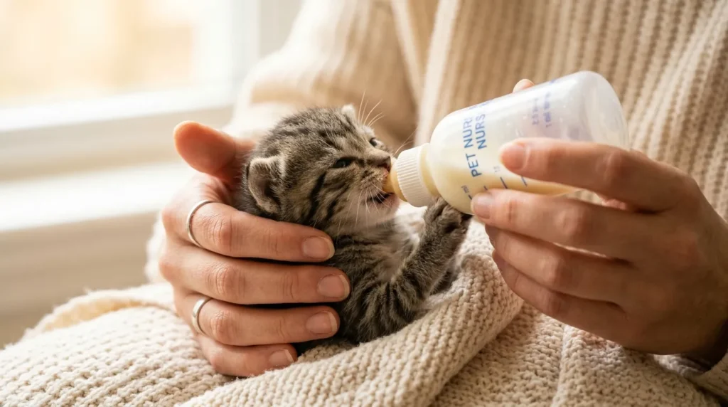 Orphaned kitten being bottle-fed with kitten milk replacer by human hands