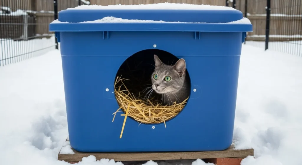 DIY winter shelter protecting a cat from cold.