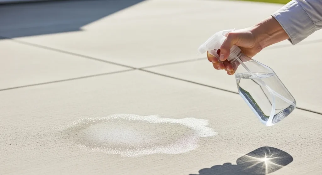 Spraying vinegar solution on a concrete patio to eliminate dog urine odor