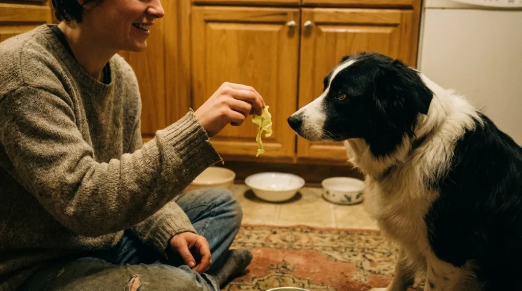 Dog owner hand-feeding a piece of cooked cabbage to a border collie on a kitchen floor