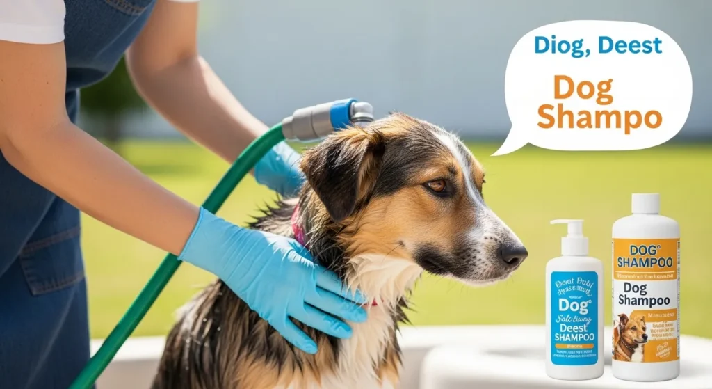 Pet owner carefully bathing their dog outdoors after a nature walk