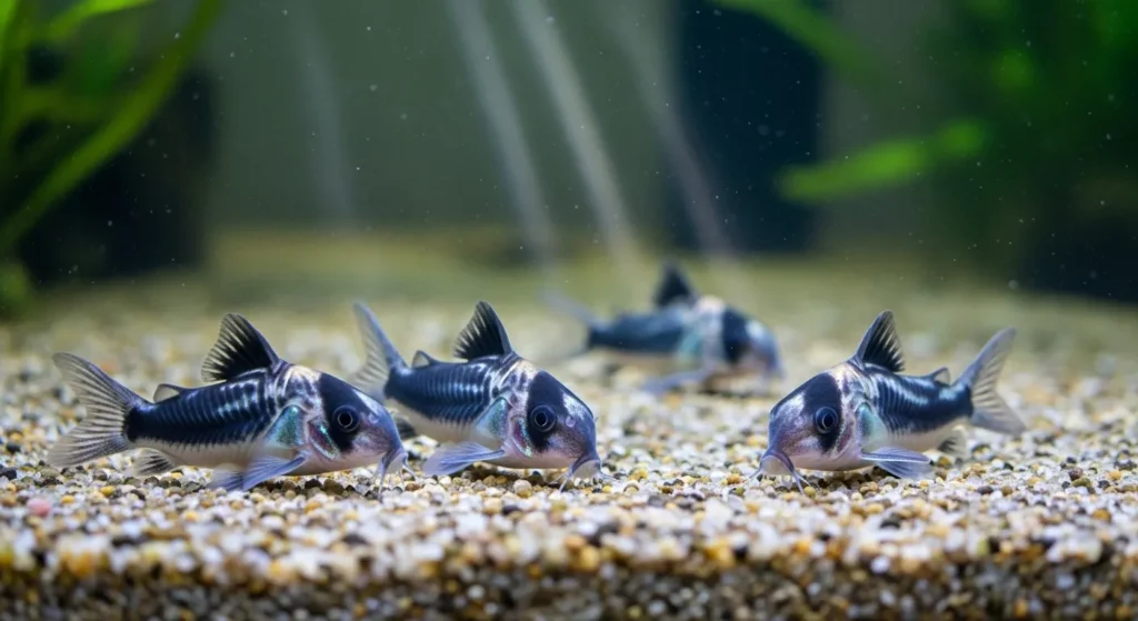 Group of panda cory catfish in beginner aquarium
